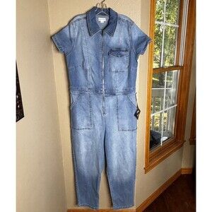 Ava & Viv Jumpsuit Women's 16W Jean Short Sleeve Denim Zip Front Pockets New